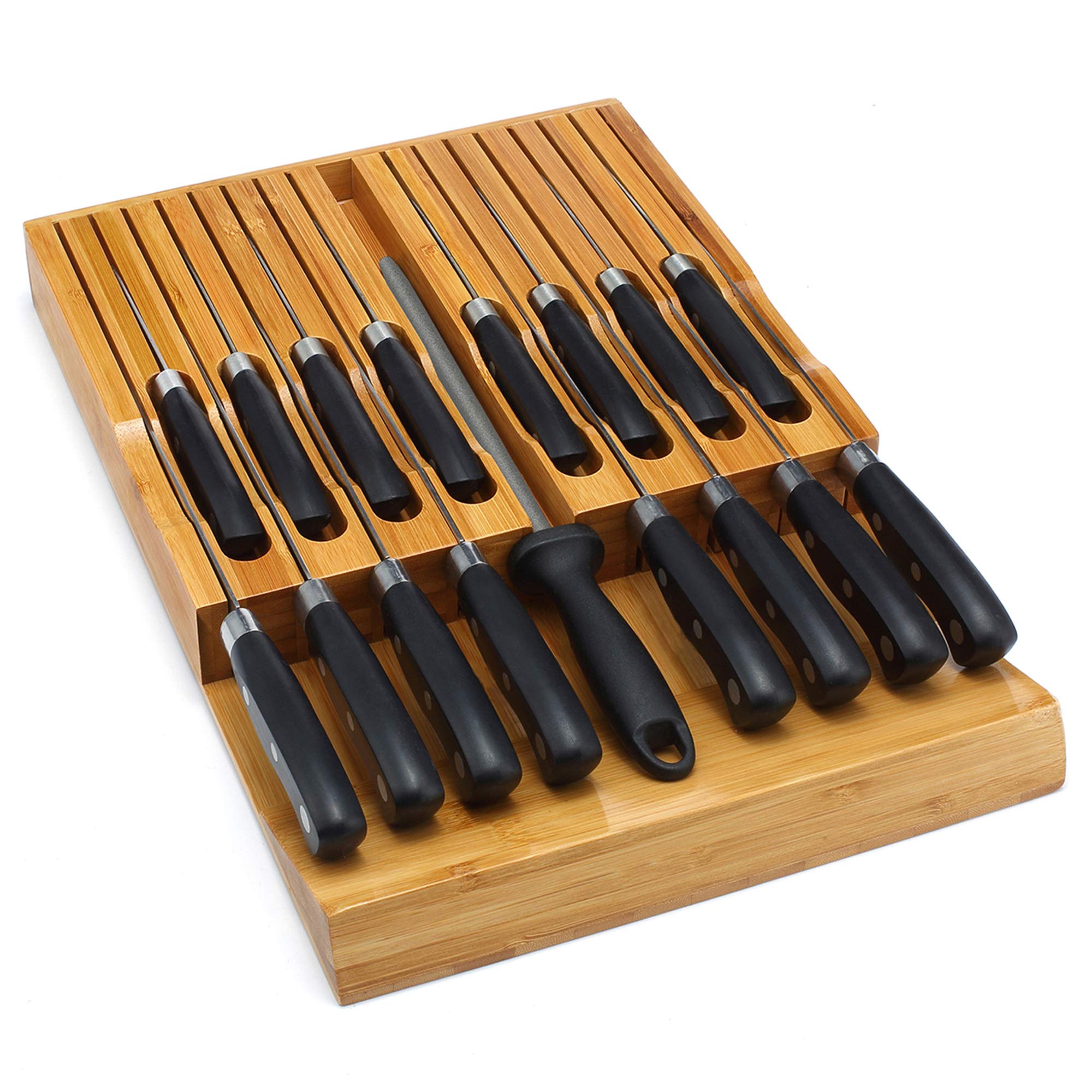 

VaeFae Knife Bamboo Knife Organizer Insert for Kitchen Knife Drawer Storage with Knife Sharpener Slot Not In-Drawer Block, (Knives Included)