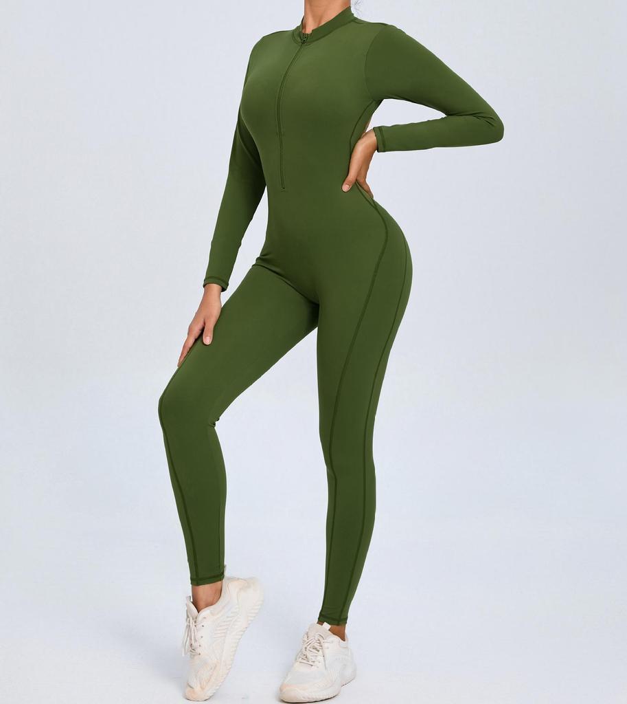 Evropský a americký overal na jógu s dlouhým rukávem na zip - Dámské fitness body s pocitem nahoty