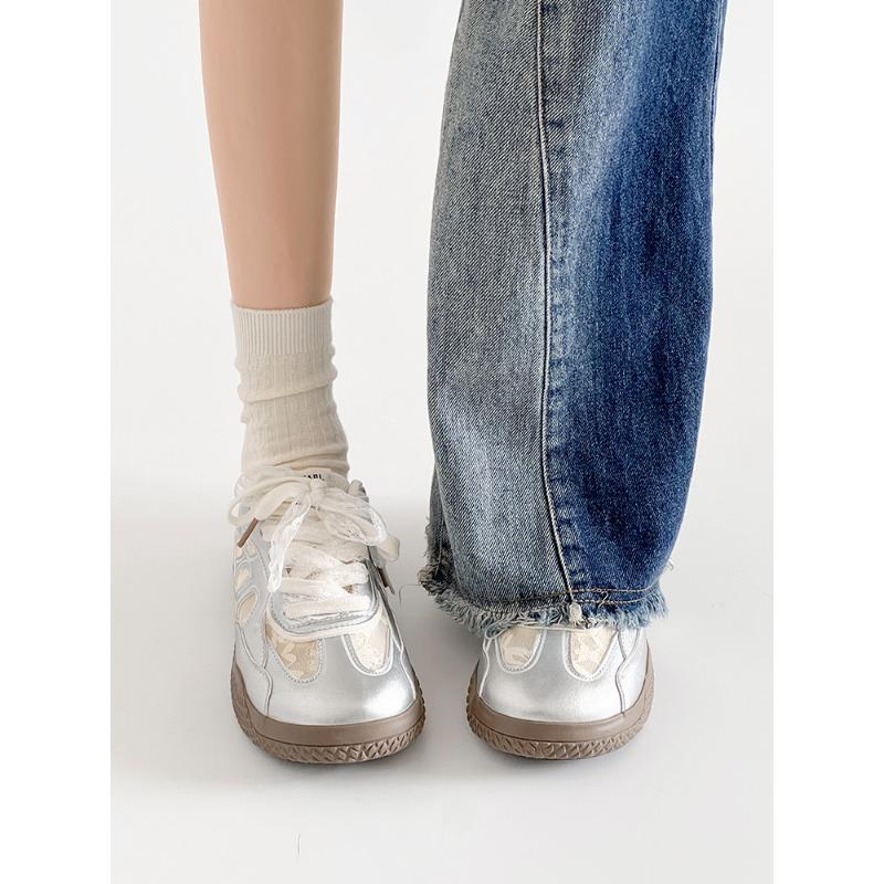 Silver Sneakers Women's 2 New Niche Retro Ballet Style Mesh Breathable Summer Ugly Cute Lace