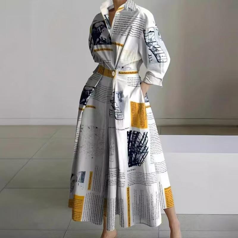 Women's Fashion Summer Spring Polka Dot Print Long Sleeve POLO Neck High Waist Casual Dresses