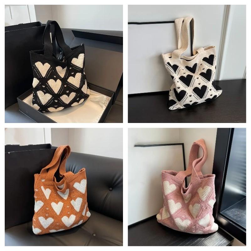 2026 New Ins Style Knitted Tote Bag with Heart Pattern Large Capacity Shoulder Bag for Women Daily Use and Shopping
