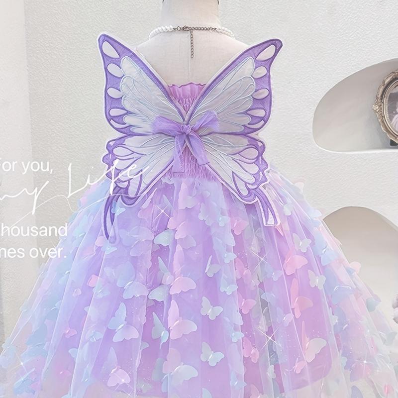 Girls' Summer Camisole Dress with Decorative Large Butterflies, Fashionable Princess Dress, Children's Performance Gown, Tulle Puff Dress for Girls