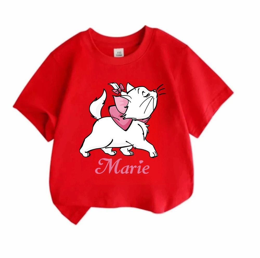 Kids Boys Girls Crew Neck Short Sleeve 100% Cotton T-Shirt, Cute White Cartoon Cat Print Casual Soft Breathable Summer Tee for Daily Wear School Holid