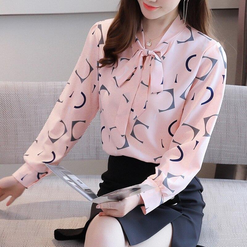 M-4XL Women Spring Summer Style Chiffon Blouses Shirts Lady Casual Long Sleeves Bow Tie Collar Printed Blouses Tops