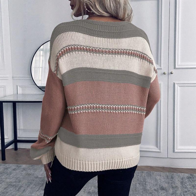 Women S V Neck Striped Spliced Loose Knit Pullover Sweater