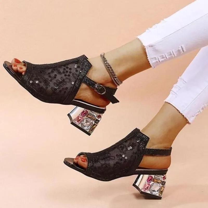 Fashion 2025 Ladies Shoes Hot Sale Women's Sandals Modern Dress Sandals Women Buckle Strap Bling Mesh Square Heel Peep Toe Shoes Women