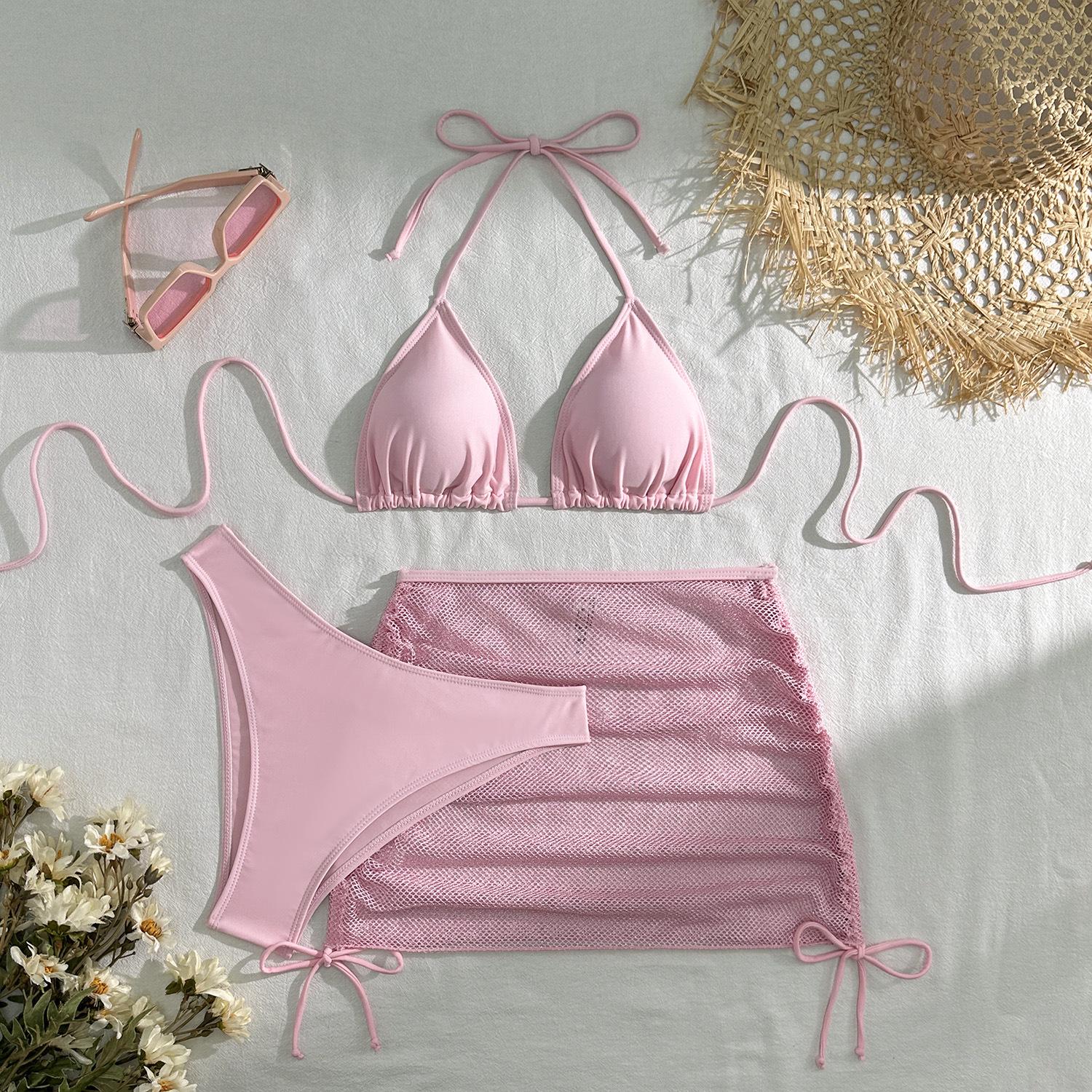 

Women s European & American Sexy Solid Bikini Three-Piece Set - Hot Style Swimwear Small розовый