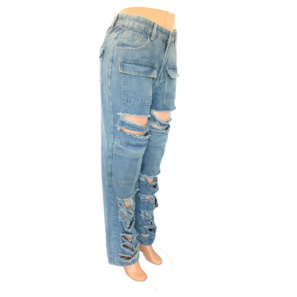 Women's Summer High Waist Wide Leg Ripped Jeans