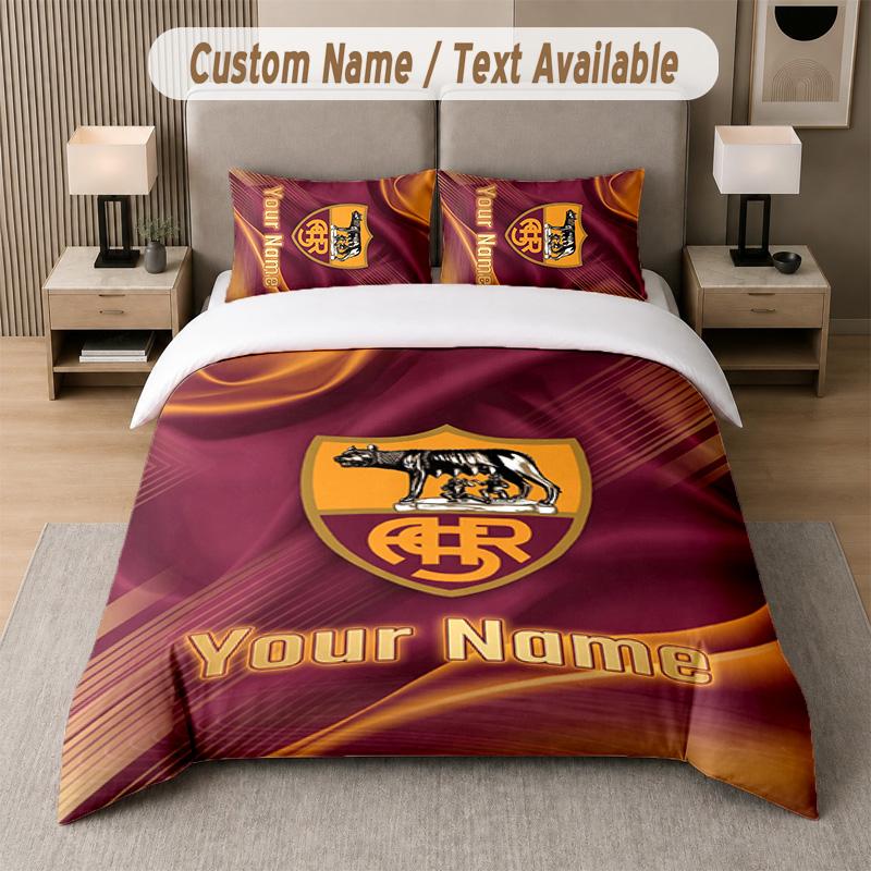 Set Biancheria da Letto Design AS Roma Testo Personalizzato 1 Copripiumino & 2 Federe