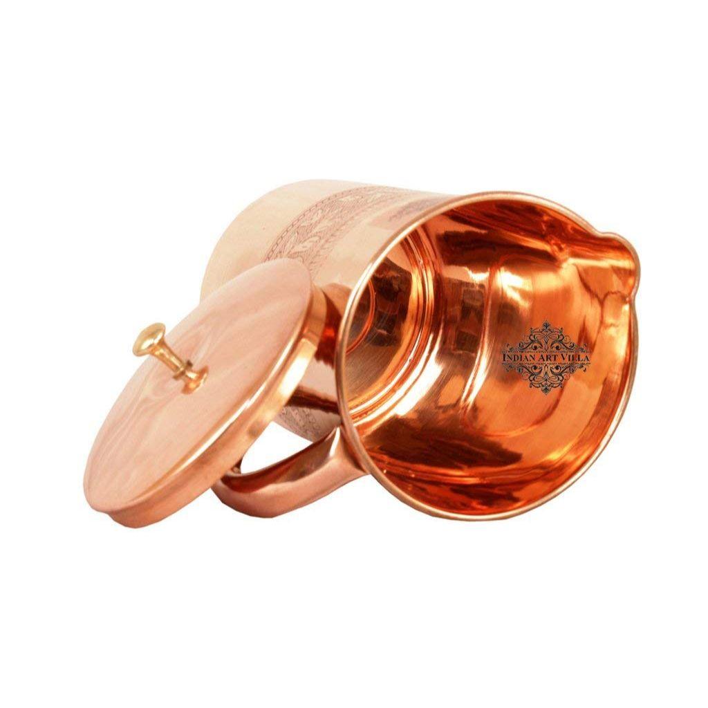 Copper Jug Pitcher, Embossed Design, Brass Knob, Serveware & Drinkware, Ayurvedic Health Benefits, 2 litres