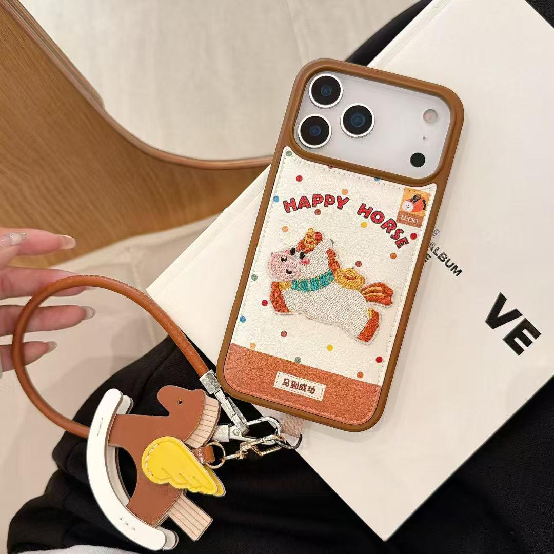 

Autumn/Winter Embroidered Leather Yuanbao Horse iPhone 17 Pro Max Case for Apple 16/15 iPhone 17Air