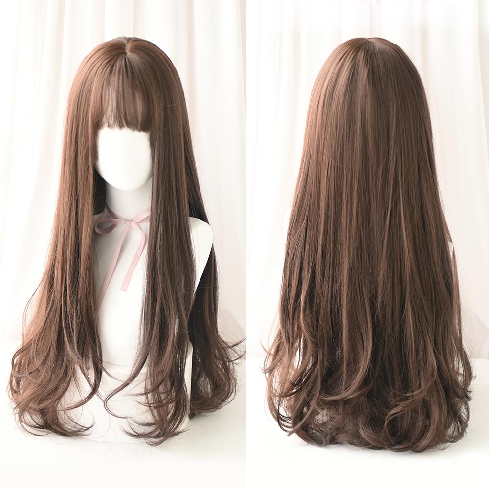 Lange Lockige Haare Damen Perücke mit Pony Täglich Braun Schwarz Rosa Lolita Cosplay Geflochtene Perücken Hitzebeständige Faser Party Kunsthaar