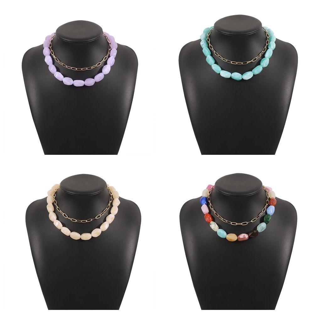 2Pcs/Set Stone Colorful Resin Necklace Bead Clavicle Chain Creative Stone Beads Short Choker  Girls
