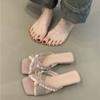 Fashion Bow Low Heel Cool Drag Women's Summer New Square Head Open Toe Outward Wear Lace Versatile Temperament Slip-on Flip-flops