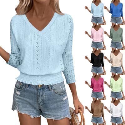 Women's T Shirt Tee Solid-color Fashion Round-neck 3/4 Sleeve Tunic Top