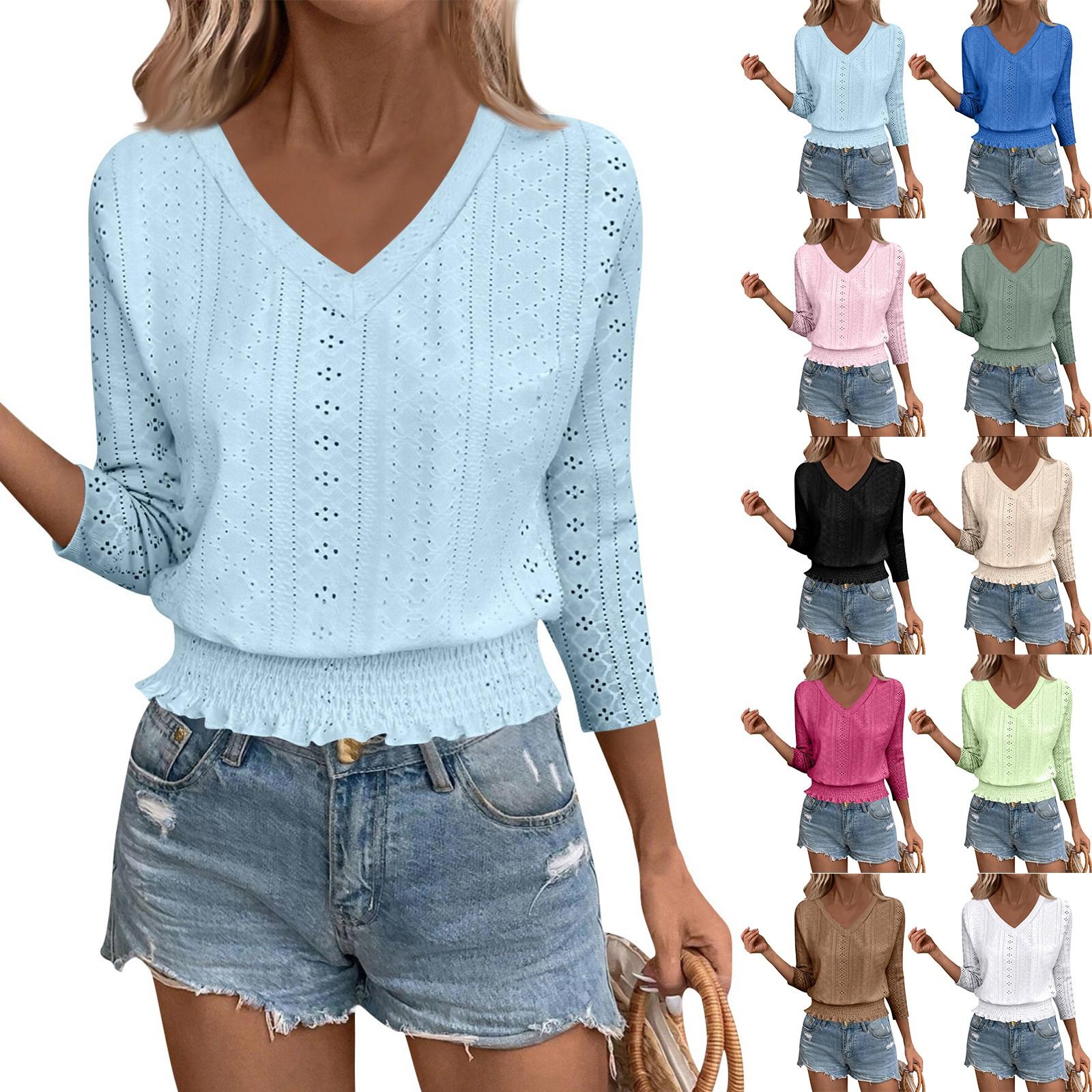 

Women s T Shirt Tee Solid-color Fashion Round-neck 3/4 Sleeve Tunic Top XXL синій
