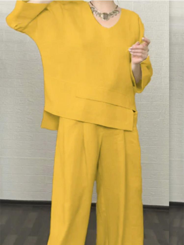 

Женский топ с V-образным вырезом и рукавом 3/4, с широкими брюками, повседневный свободный костюм, детали с карманами XXXL жёлтый