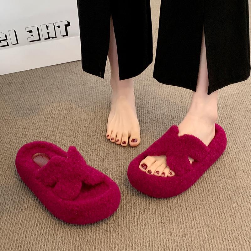 Premium soft-soled fluffy slippers for women's outer wear 2025 new autumn and winter thick-soled wool rolls home one-word cotton mop