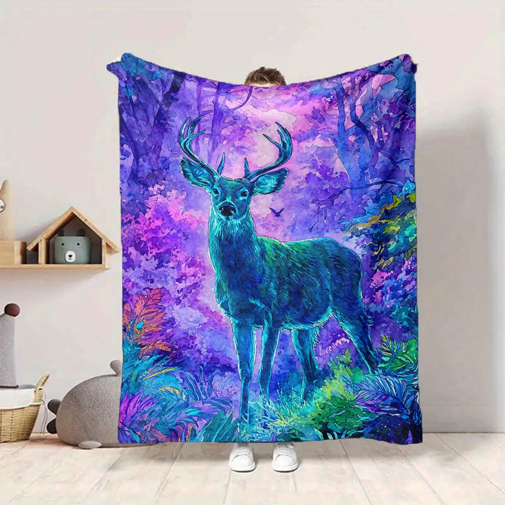 1Pc Fantasy Deer Forest Flannel Blanket, Soft And Comfortable, Casual Warm, Camping Travel, Christmas, Halloween Xmas Gift. Eg19