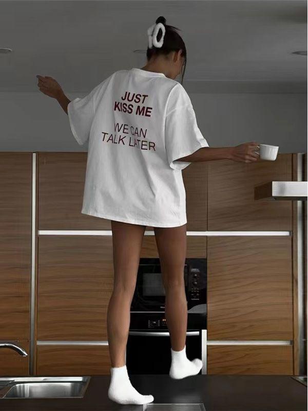 Trendy Women's Heavyweight Cotton T-shirt with Letter Print Design