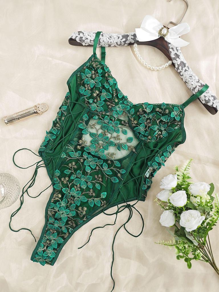 Damers spetsbroderi mesh rygglös body med dragsko i midjan