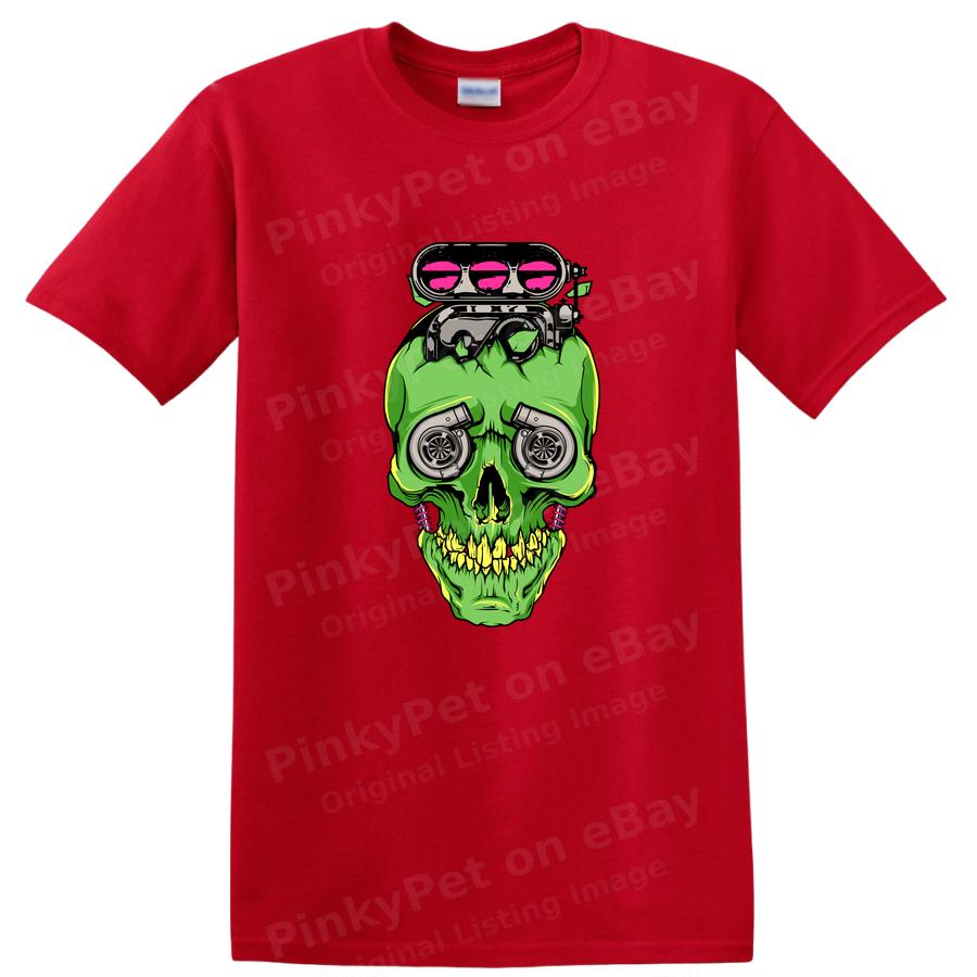 Green Skull Engine Graphic T Shirt Motorhead Gift Cool Tee Automotive Art