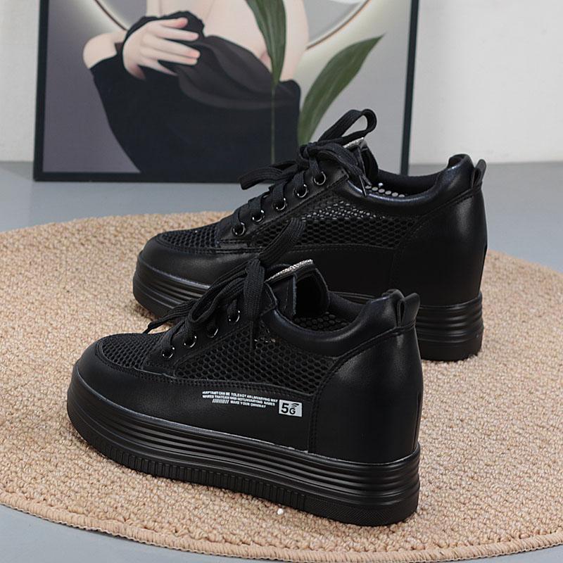 Fashion 7CM Genuine Leather Women Shoes White Skateboard Sneakers Platform Wedge Shoes Air Mesh Hollow Breathable