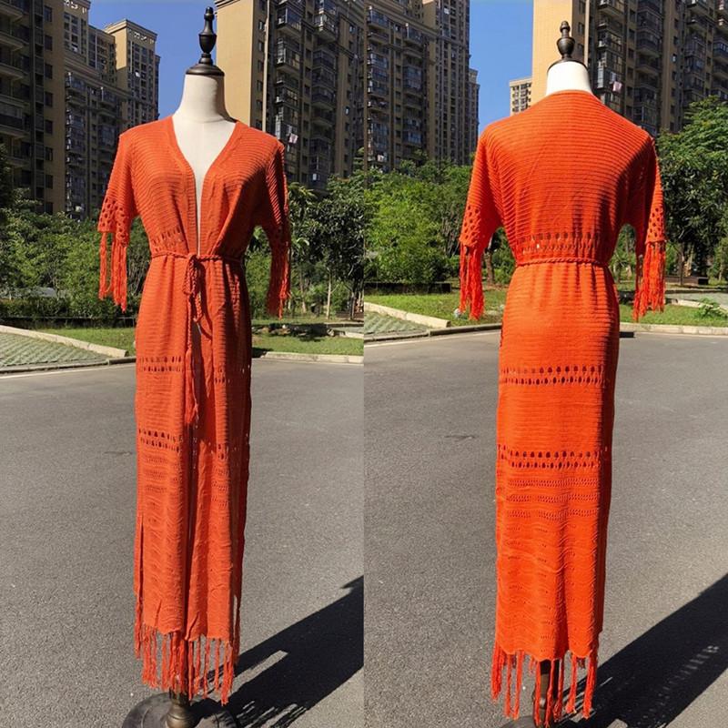 2022 New Knitted Bikini Cover Up Sexy Hollow Fringe Tunic Long Cardigan Casual Short Sleeve Women's Swimwear Cover Up Q451