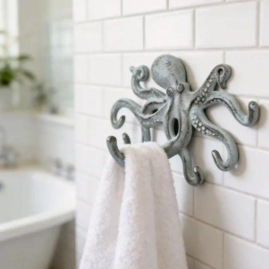 Gancho Decorativo para Abrigos de Pulpo de Hierro Fundido, Colgador de Metal Rústico para Ropa en Pared, Portarrollos para Toallas de Mano Náutico para Dormitorio Baño Cocina