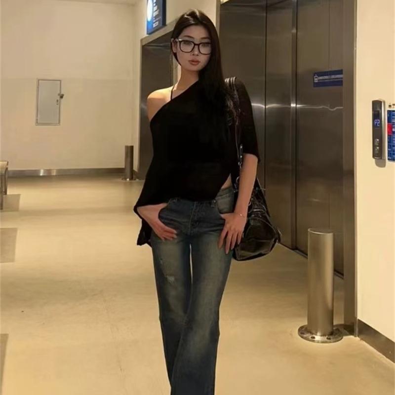 Irregular Loose Fit Knitwaer Off Shoulder Cape Blouse Casual  Cover Up Solid Color Knitted Blouses Sheer Knit Poncho Top Elegant Layering Clothing