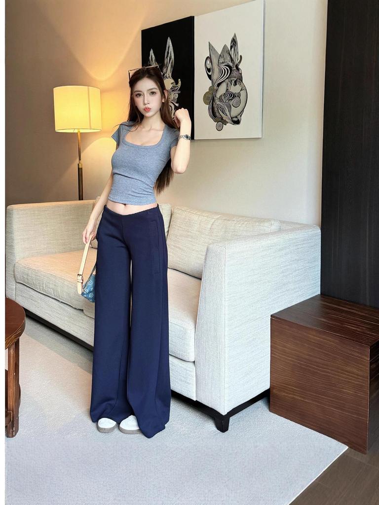Women's Navy Blue Side Zipper Wide-Leg Low-Waist Yoga Sweatpants, Floor-Length Slim Fit Casual Autumn Pants
