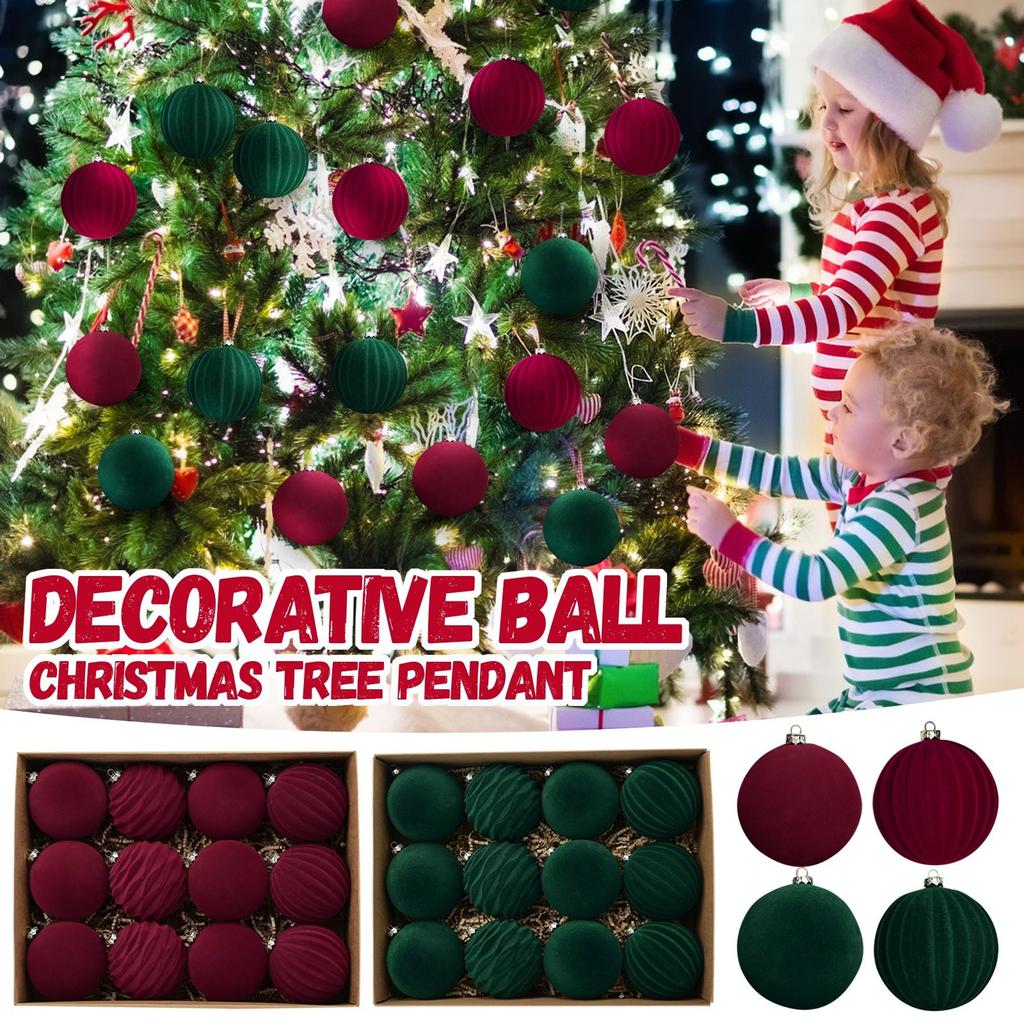 Christmas Ball Velvet Christmas Tree Flocking Ornaments 3.15 Inch 12 Pieces Plastic Ball Christmas Ornaments Red