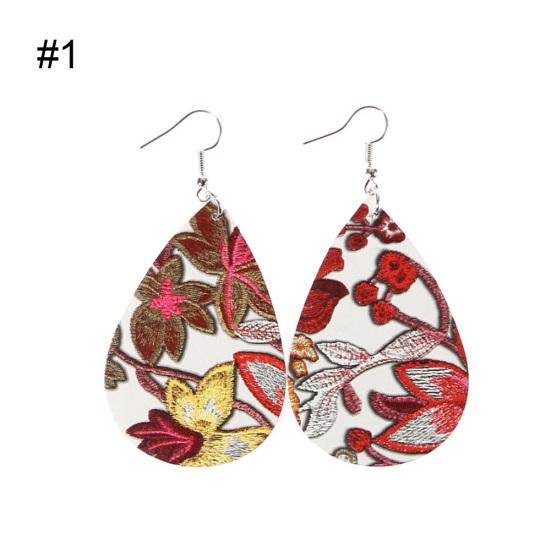Water Drop Dangle Embroidery Faux Leather Hook Earrings Women Banquet Jewelry