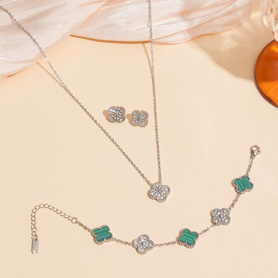 Stal Tytanowa Nieblaknący Czterolistna Koniczyna Kolczyki Naszyjnik i Bransoletka Zestaw Elegancki i Luksusowy Łańcuszek na Obojczyk