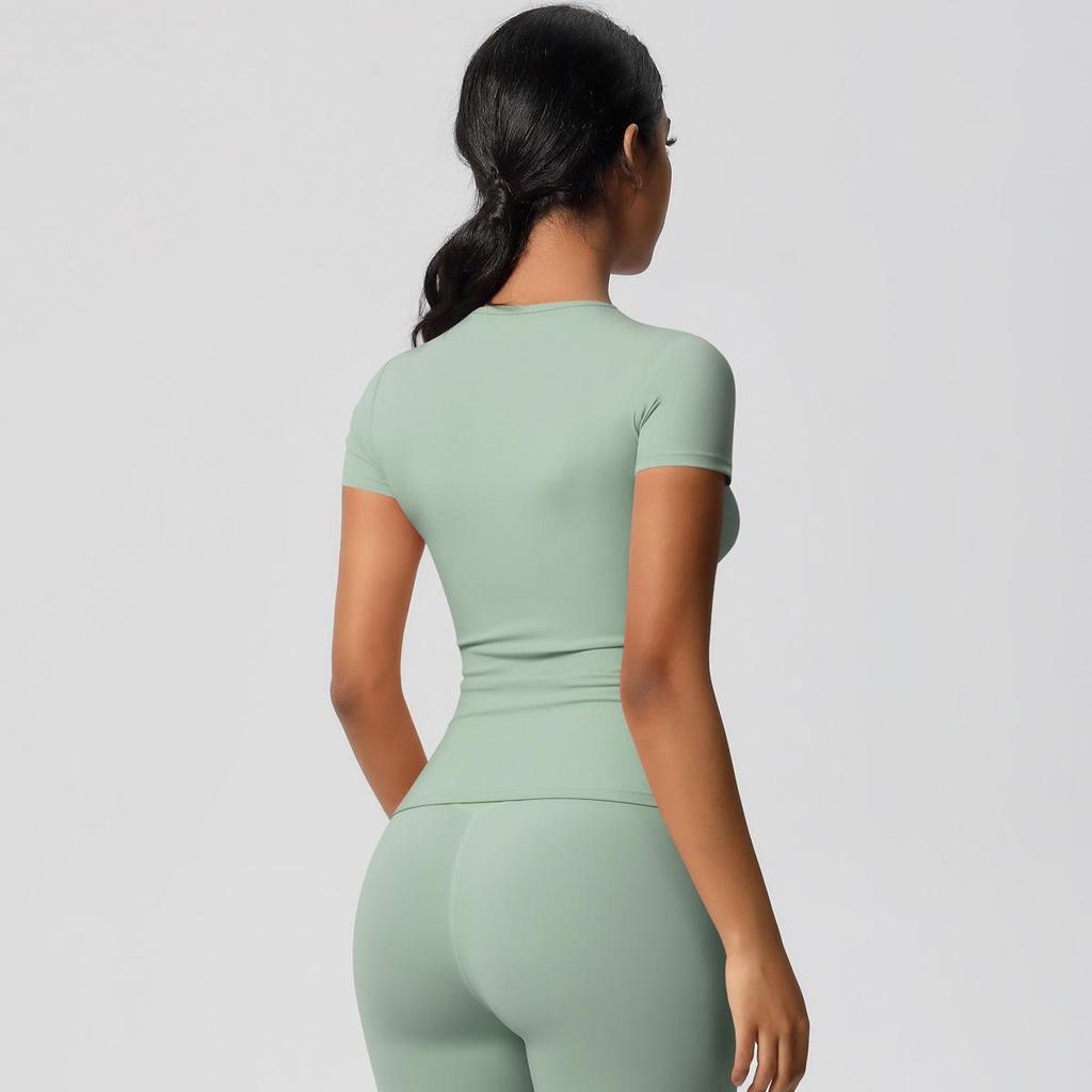 Gebürstetes Nude Slim-Fit Rundhals Yoga-Top - Kurzärmlig, Atmungsaktiv, Vielseitige Sportbekleidung