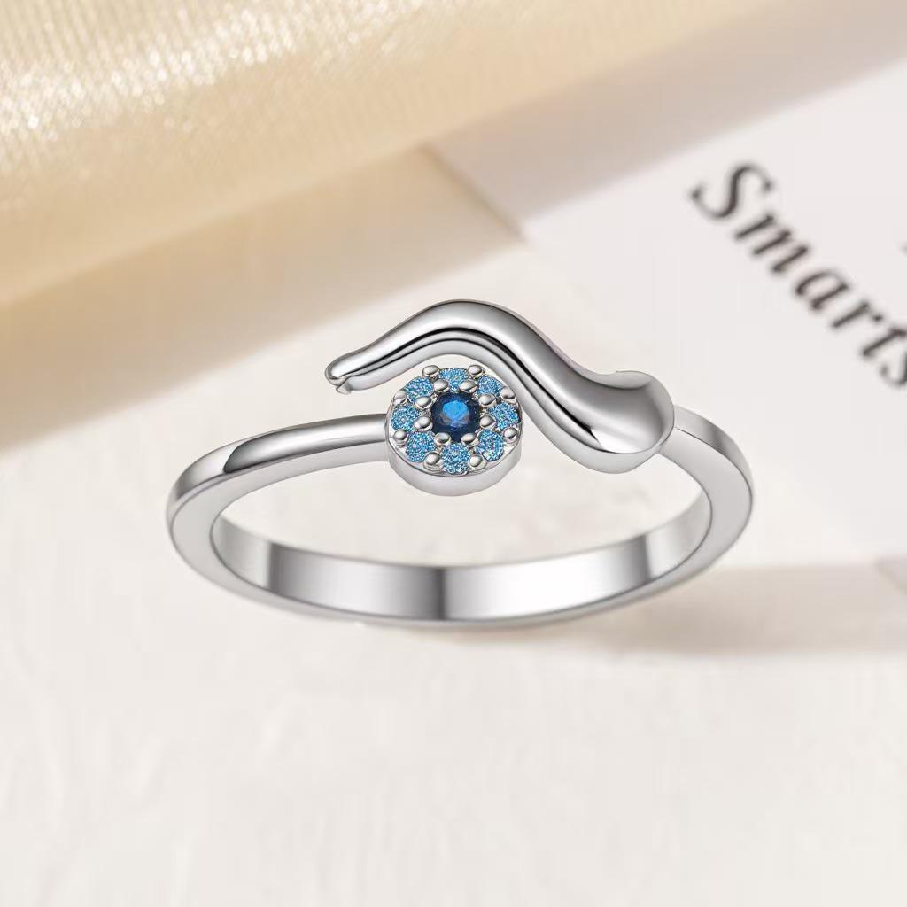 European & American Style Evil Eye Personality Ring with Blue Zircon Inlay