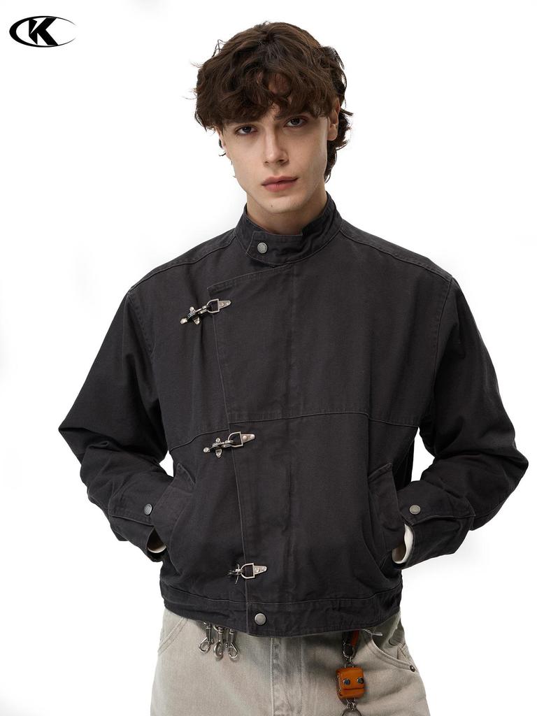 11KN Unisex Retro Distressed Workwear Jacket with Airplane Buckle and Wide Lapel