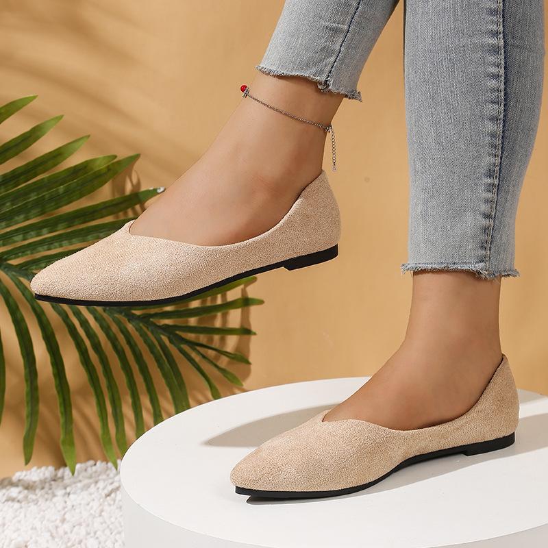 Large size pointed flat bottom shallow mouth single shoes women's new four-season suede flat heel work ladyshoes