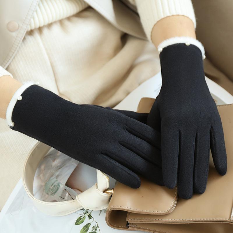 Winter Women Keep Warm Fashion Elegant Plush Wrist Cuff Pearl Gloves Luxury Fleece Soft Cycling Drive Touch Screen
