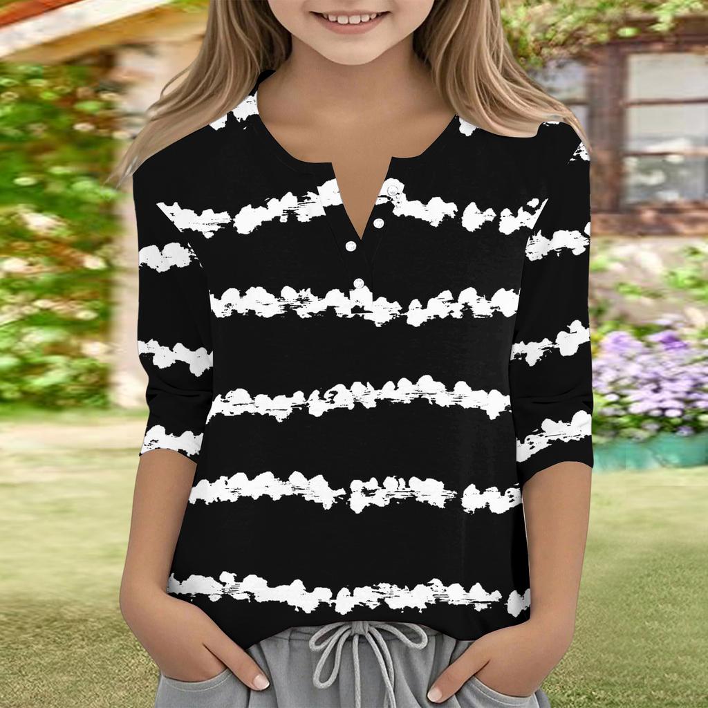 Print Tops For Youth Girls V Neck Button 3/4 Sleeves T-Shirts Trendy Tops Outfit Tees