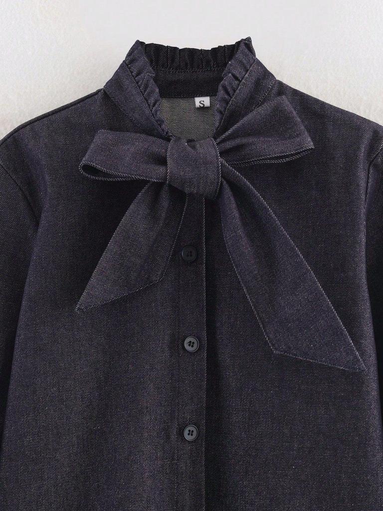 Women's Versatile Bow-Accent Long Sleeve Denim Shirt