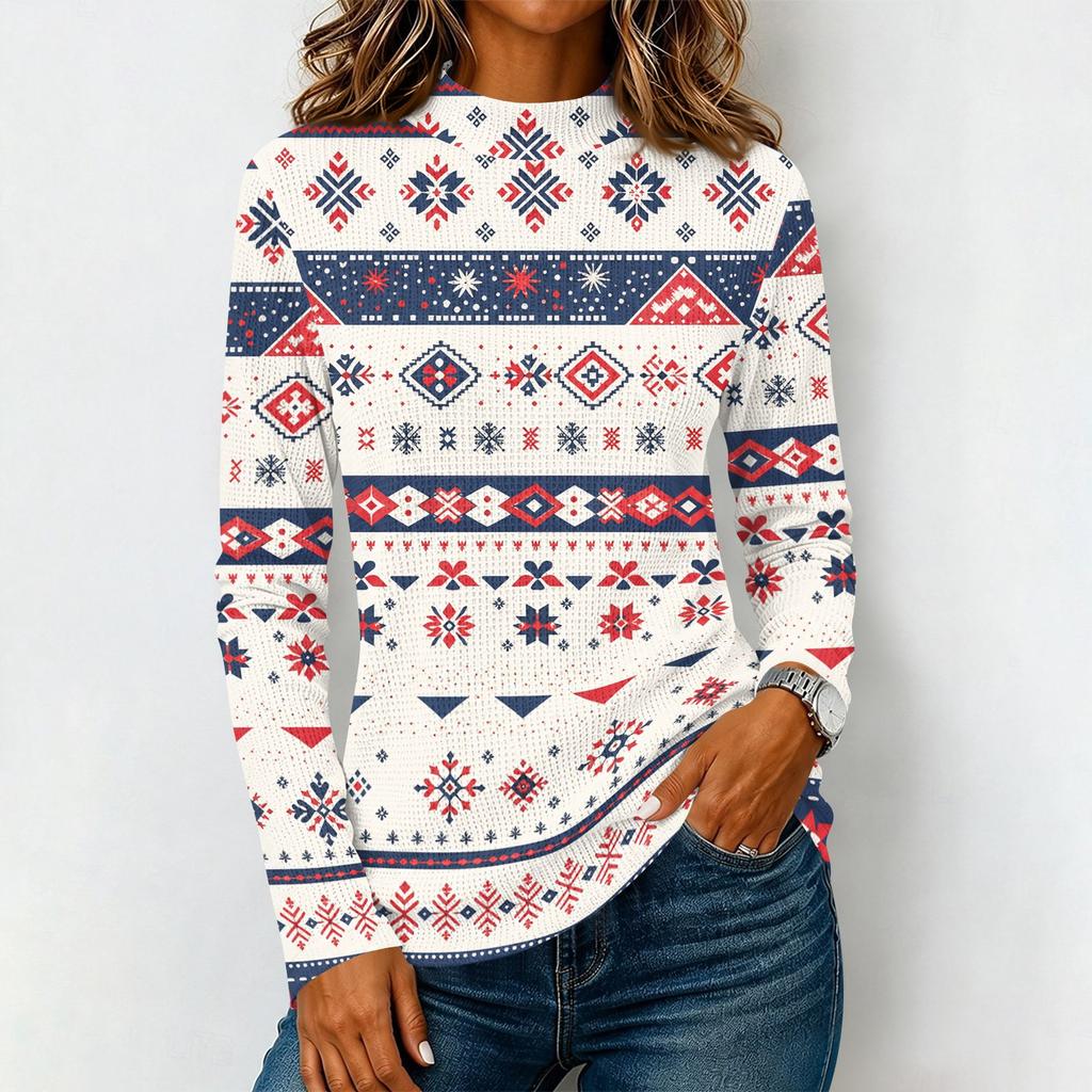 Women's Casual Knit Long Sleeve T-Shirt with High Neck Christmas Print