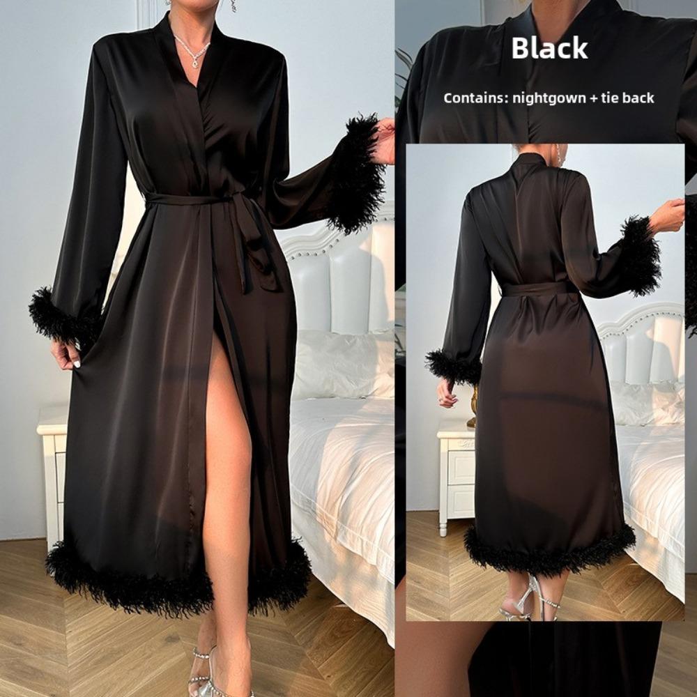 Solid Color Sexy Feather Long-sleeved Comfortable Nightgown Breathable Casual Can Be Worn Outside Loungewear