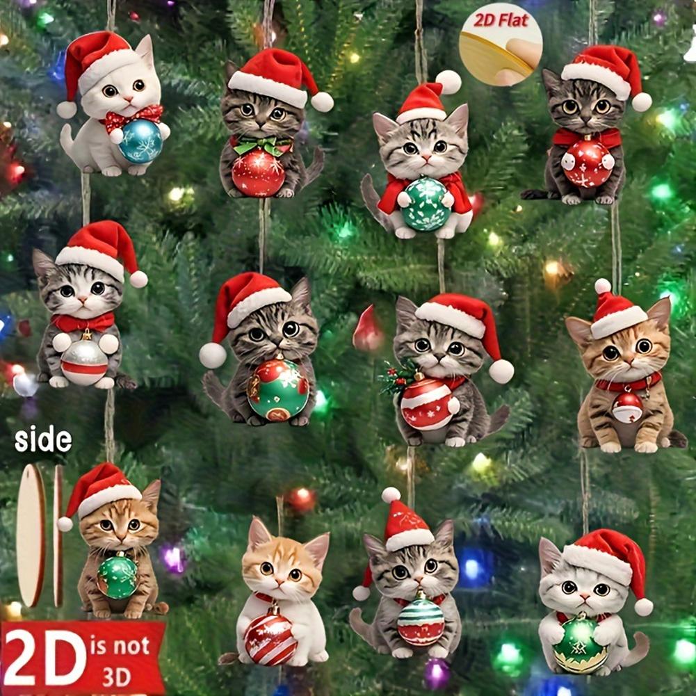 12/24Pcs 2D Christmas Wooden Cat Wall Hanging Hanging Ornament Acrylic Funny Xmas Tree Cat Keychain Key Decoration Gifts