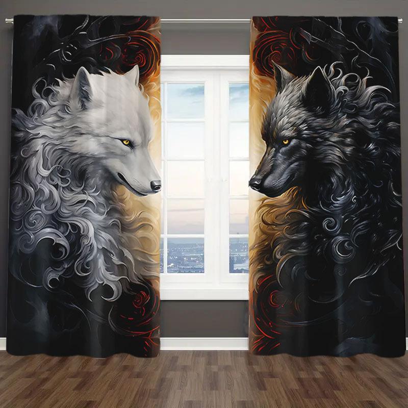 2 pieces of Black and white Wolf printed curtains, pole bag curtains 30*65, bedroom and living room, , home decoration