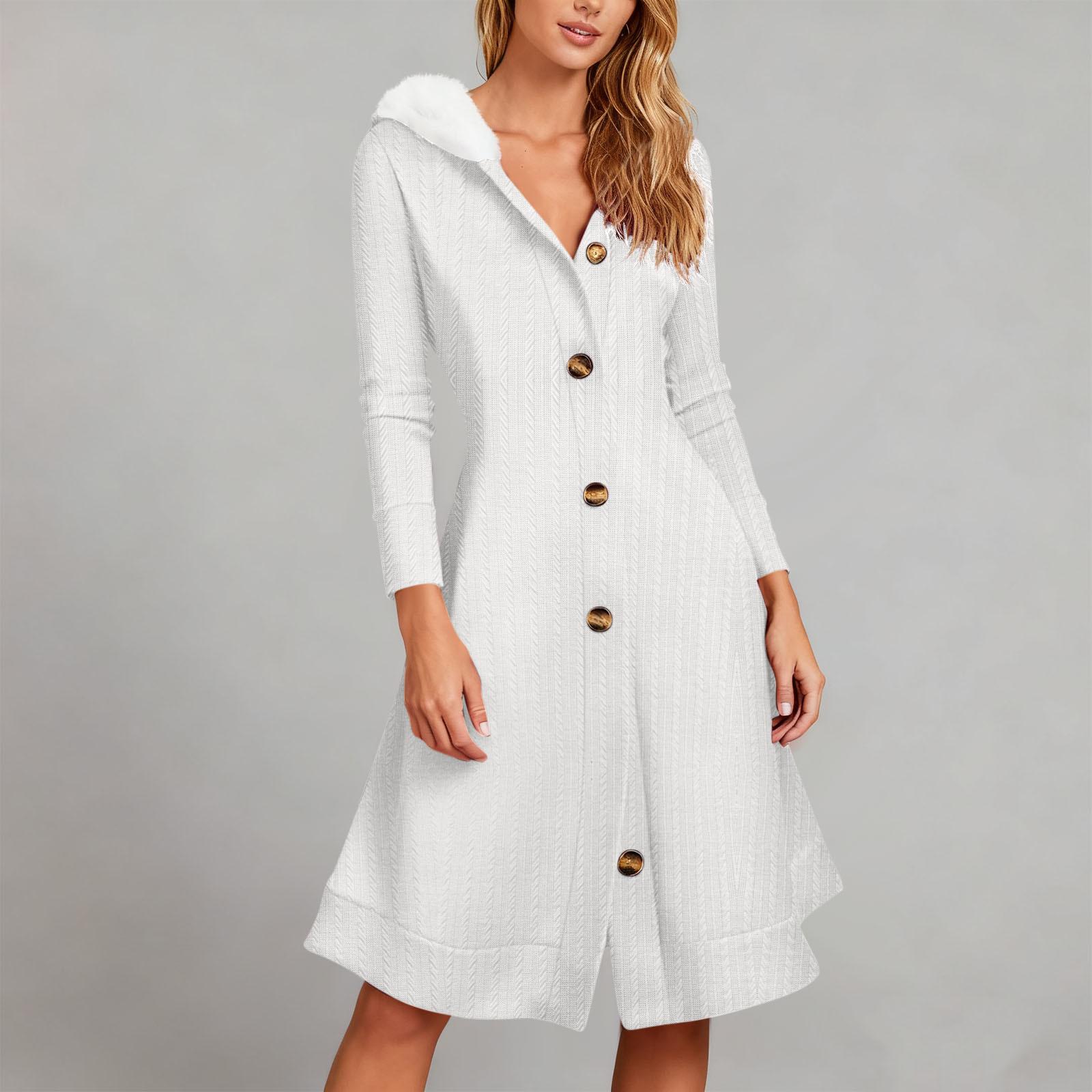

Women s Fashion Solid-Colour Fleece-Trimmed Longline Knitted Hooded Cardigan Dress XL белый