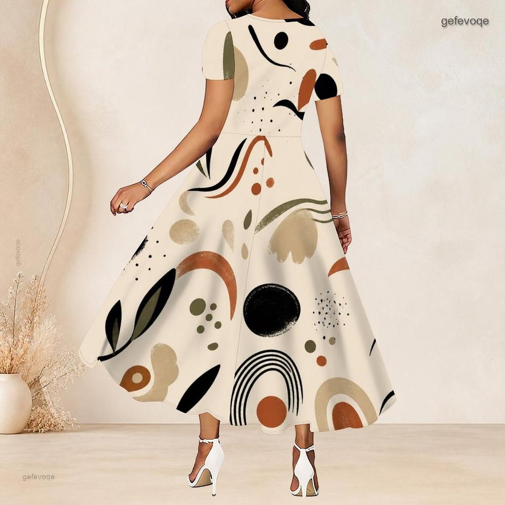 Women Plus Size Round Neck Short Sleeve Printed Gathered Waist A Line Long Dress