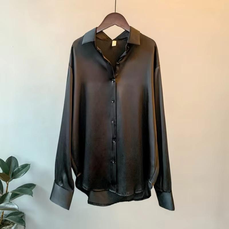 Spring Fashion Button Up Satin Silk Shirt Vintage Blouse Women White Tops Lady Long Sleeves Female Loose Street Shirts