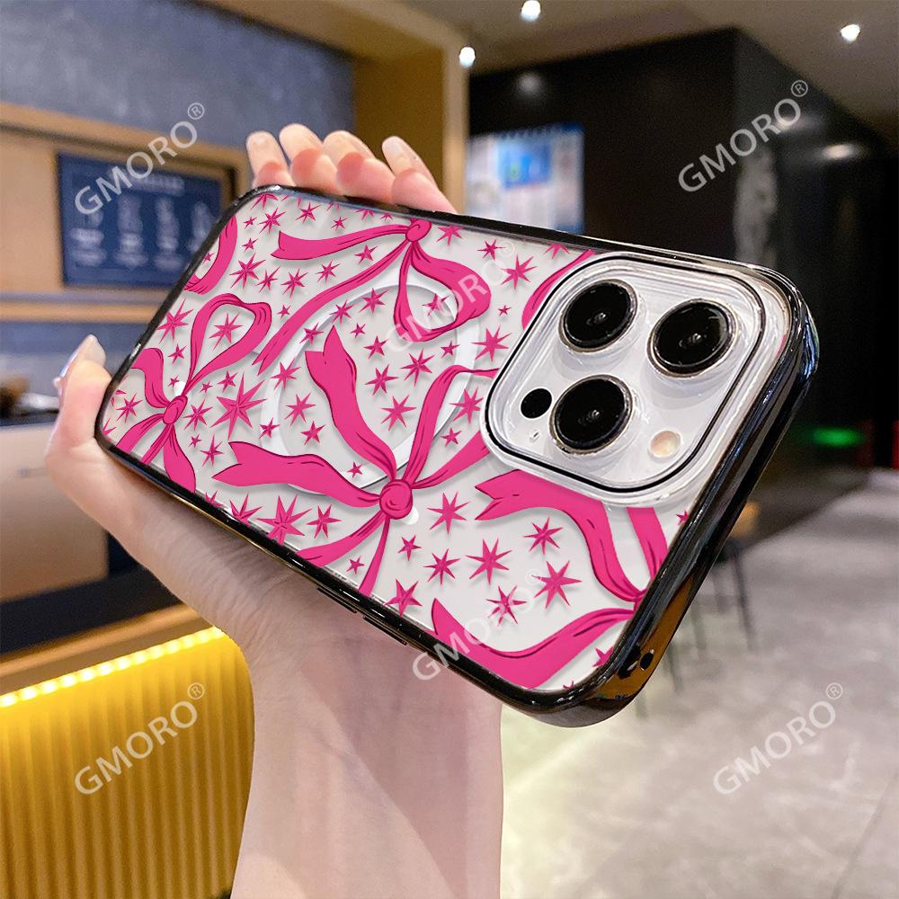 Shrimp Skin Popular Rose Red Bow Is Suitable for iPhone16 Small Fresh Mobile Phone Case Apple 17Pro Magnetic Suction Hard Case