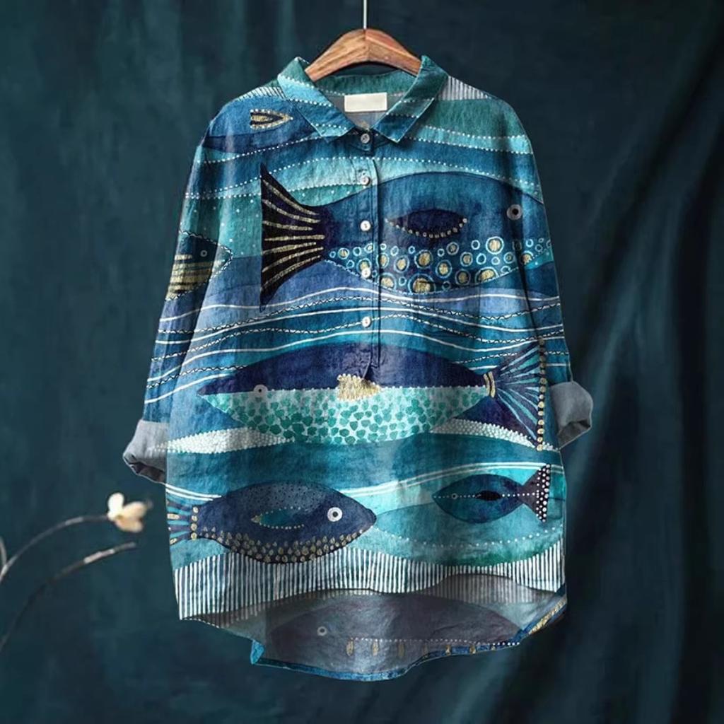 Women's Turn Down Collar Long Sleeve Floral Print Shirt Loose Fit Elegant Casual Blouse
